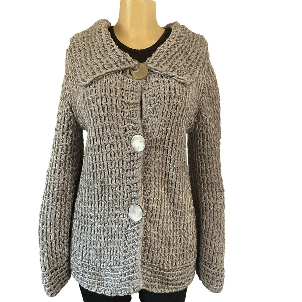 Vintage Knit Coat Jacket Gray  Chunky Chenille Heavy Paris European Style